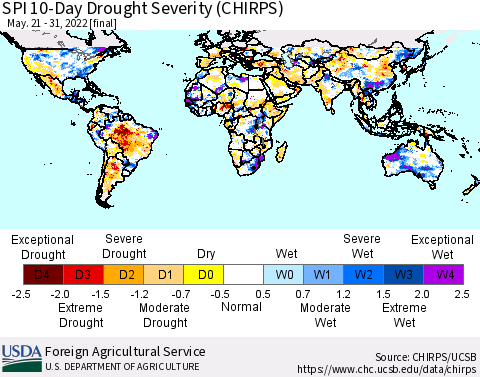 World SPI 10-Day Drought Severity (CHIRPS) Thematic Map For 5/21/2022 - 5/31/2022