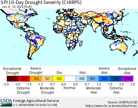 World SPI 10-Day Drought Severity (CHIRPS) Thematic Map For 6/6/2022 - 6/15/2022