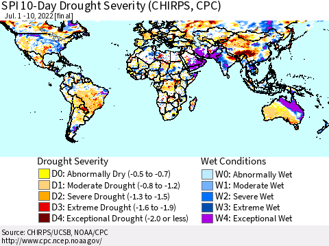 World SPI 10-Day Drought Severity (CHIRPS) Thematic Map For 7/1/2022 - 7/10/2022