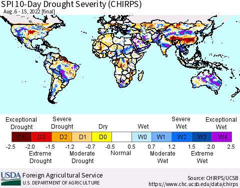 World SPI 10-Day Drought Severity (CHIRPS) Thematic Map For 8/6/2022 - 8/15/2022