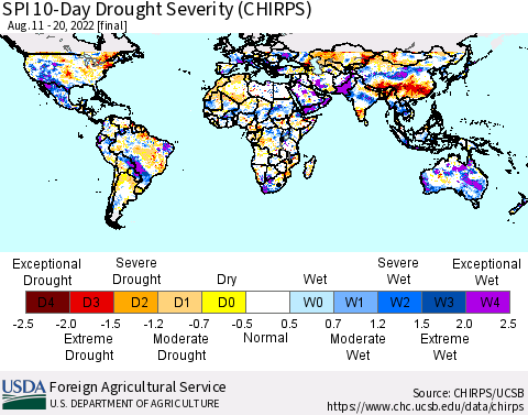World SPI 10-Day Drought Severity (CHIRPS) Thematic Map For 8/11/2022 - 8/20/2022