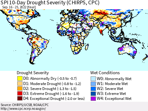 World SPI 10-Day Drought Severity (CHIRPS) Thematic Map For 9/16/2022 - 9/25/2022