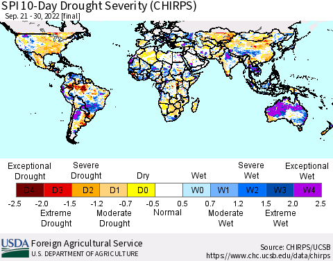 World SPI 10-Day Drought Severity (CHIRPS) Thematic Map For 9/21/2022 - 9/30/2022