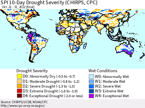 World SPI 10-Day Drought Severity (CHIRPS) Thematic Map For 10/21/2022 - 10/31/2022