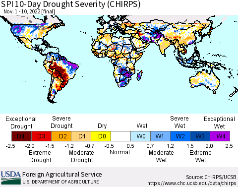 World SPI 10-Day Drought Severity (CHIRPS) Thematic Map For 11/1/2022 - 11/10/2022