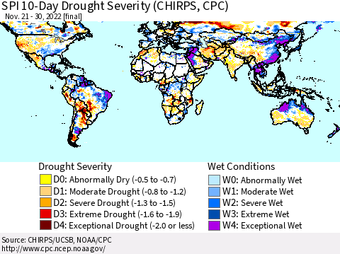 World SPI 10-Day Drought Severity (CHIRPS) Thematic Map For 11/21/2022 - 11/30/2022