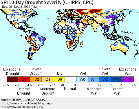 World SPI 10-Day Drought Severity (CHIRPS) Thematic Map For 11/26/2022 - 12/5/2022