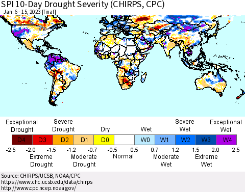 World SPI 10-Day Drought Severity (CHIRPS) Thematic Map For 1/6/2023 - 1/15/2023