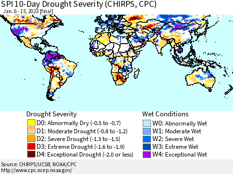 World SPI 10-Day Drought Severity (CHIRPS) Thematic Map For 1/6/2023 - 1/15/2023