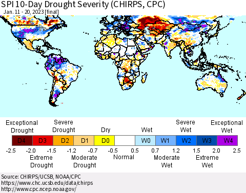 World SPI 10-Day Drought Severity (CHIRPS) Thematic Map For 1/11/2023 - 1/20/2023