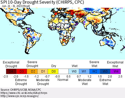 World SPI 10-Day Drought Severity (CHIRPS) Thematic Map For 1/21/2023 - 1/31/2023