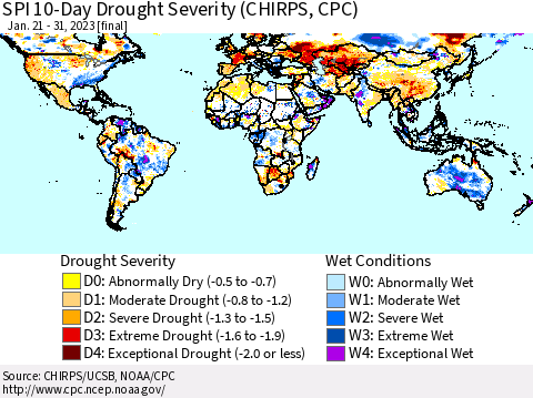 World SPI 10-Day Drought Severity (CHIRPS) Thematic Map For 1/21/2023 - 1/31/2023