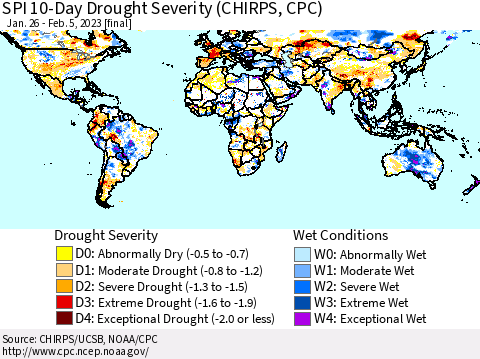 World SPI 10-Day Drought Severity (CHIRPS) Thematic Map For 1/26/2023 - 2/5/2023