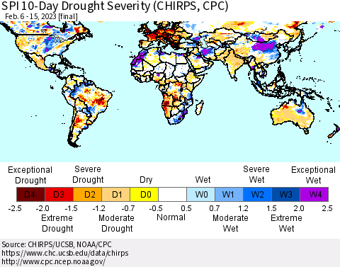 World SPI 10-Day Drought Severity (CHIRPS) Thematic Map For 2/6/2023 - 2/15/2023