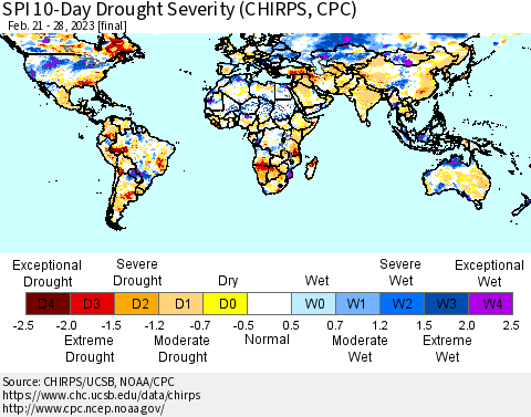 World SPI 10-Day Drought Severity (CHIRPS) Thematic Map For 2/21/2023 - 2/28/2023