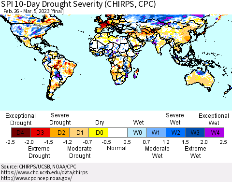 World SPI 10-Day Drought Severity (CHIRPS) Thematic Map For 2/26/2023 - 3/5/2023