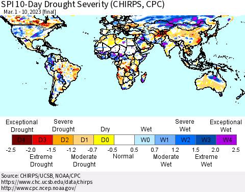 World SPI 10-Day Drought Severity (CHIRPS) Thematic Map For 3/1/2023 - 3/10/2023