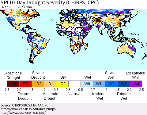 World SPI 10-Day Drought Severity (CHIRPS) Thematic Map For 3/6/2023 - 3/15/2023