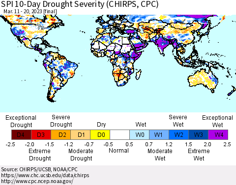 World SPI 10-Day Drought Severity (CHIRPS) Thematic Map For 3/11/2023 - 3/20/2023