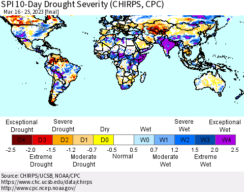 World SPI 10-Day Drought Severity (CHIRPS) Thematic Map For 3/16/2023 - 3/25/2023