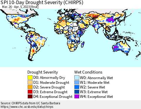 World SPI 10-Day Drought Severity (CHIRPS) Thematic Map For 3/26/2023 - 4/5/2023