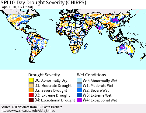 World SPI 10-Day Drought Severity (CHIRPS) Thematic Map For 4/1/2023 - 4/10/2023