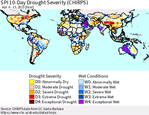 World SPI 10-Day Drought Severity (CHIRPS) Thematic Map For 4/6/2023 - 4/15/2023