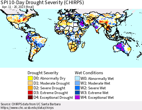 World SPI 10-Day Drought Severity (CHIRPS) Thematic Map For 4/11/2023 - 4/20/2023