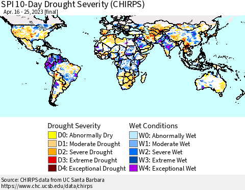 World SPI 10-Day Drought Severity (CHIRPS) Thematic Map For 4/16/2023 - 4/25/2023