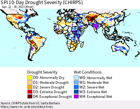 World SPI 10-Day Drought Severity (CHIRPS) Thematic Map For 4/21/2023 - 4/30/2023