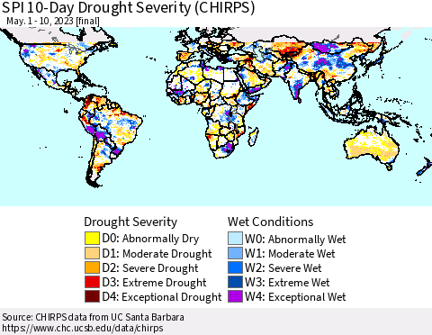World SPI 10-Day Drought Severity (CHIRPS) Thematic Map For 5/1/2023 - 5/10/2023