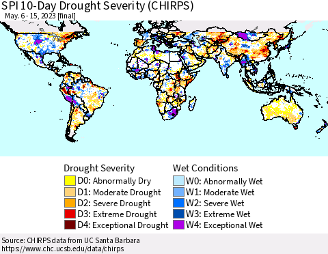 World SPI 10-Day Drought Severity (CHIRPS) Thematic Map For 5/6/2023 - 5/15/2023