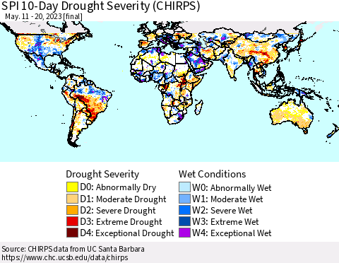 World SPI 10-Day Drought Severity (CHIRPS) Thematic Map For 5/11/2023 - 5/20/2023