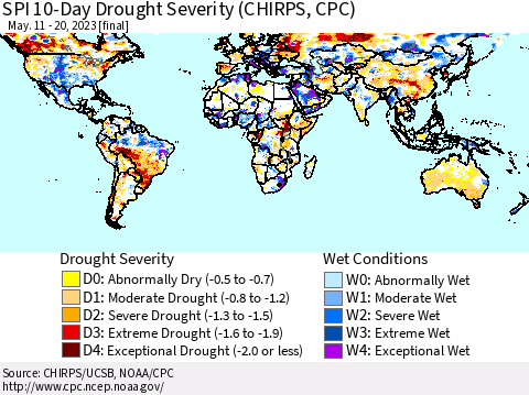 World SPI 10-Day Drought Severity (CHIRPS) Thematic Map For 5/11/2023 - 5/20/2023