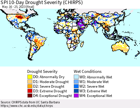 World SPI 10-Day Drought Severity (CHIRPS) Thematic Map For 5/16/2023 - 5/25/2023