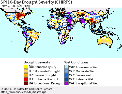 World SPI 10-Day Drought Severity (CHIRPS) Thematic Map For 5/21/2023 - 5/31/2023