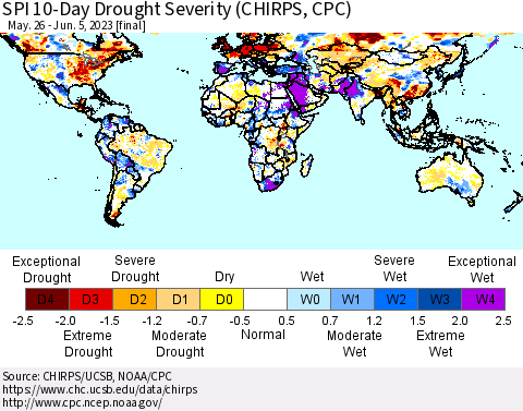 World SPI 10-Day Drought Severity (CHIRPS) Thematic Map For 5/26/2023 - 6/5/2023