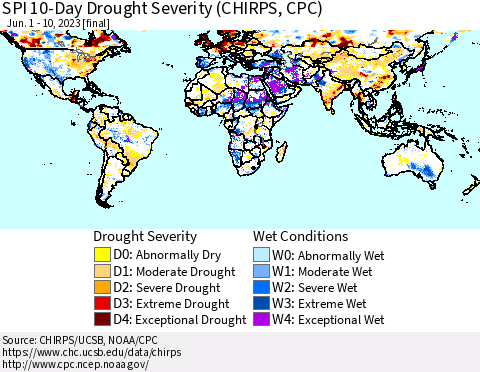 World SPI 10-Day Drought Severity (CHIRPS) Thematic Map For 6/1/2023 - 6/10/2023