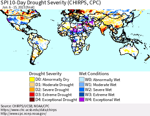 World SPI 10-Day Drought Severity (CHIRPS) Thematic Map For 6/6/2023 - 6/15/2023