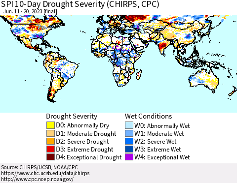 World SPI 10-Day Drought Severity (CHIRPS) Thematic Map For 6/11/2023 - 6/20/2023
