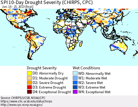 World SPI 10-Day Drought Severity (CHIRPS) Thematic Map For 6/16/2023 - 6/25/2023