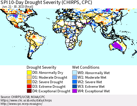 World SPI 10-Day Drought Severity (CHIRPS) Thematic Map For 6/21/2023 - 6/30/2023