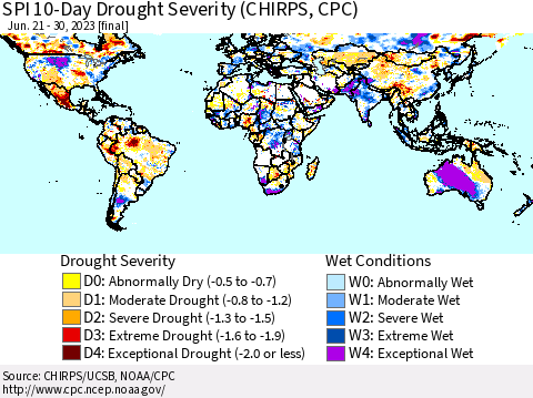 World SPI 10-Day Drought Severity (CHIRPS) Thematic Map For 6/21/2023 - 6/30/2023