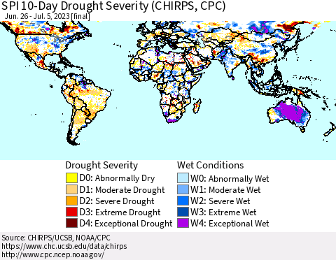 World SPI 10-Day Drought Severity (CHIRPS) Thematic Map For 6/26/2023 - 7/5/2023