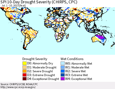 World SPI 10-Day Drought Severity (CHIRPS) Thematic Map For 7/1/2023 - 7/10/2023