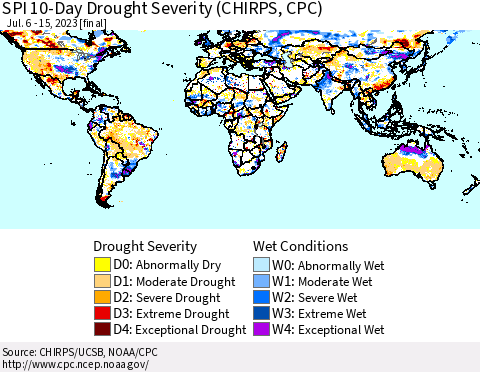 World SPI 10-Day Drought Severity (CHIRPS) Thematic Map For 7/6/2023 - 7/15/2023