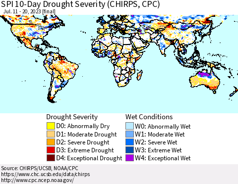 World SPI 10-Day Drought Severity (CHIRPS) Thematic Map For 7/11/2023 - 7/20/2023