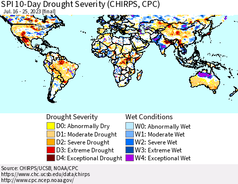 World SPI 10-Day Drought Severity (CHIRPS) Thematic Map For 7/16/2023 - 7/25/2023