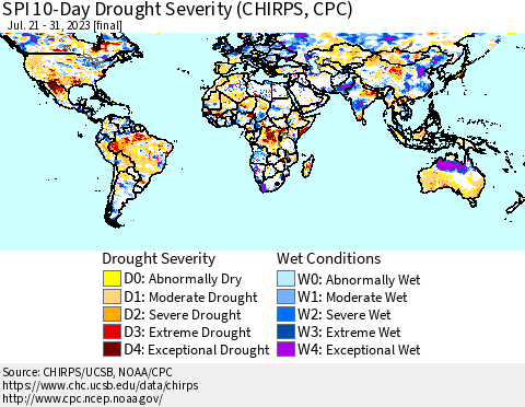 World SPI 10-Day Drought Severity (CHIRPS) Thematic Map For 7/21/2023 - 7/31/2023
