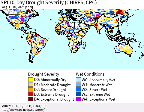 World SPI 10-Day Drought Severity (CHIRPS) Thematic Map For 8/1/2023 - 8/10/2023